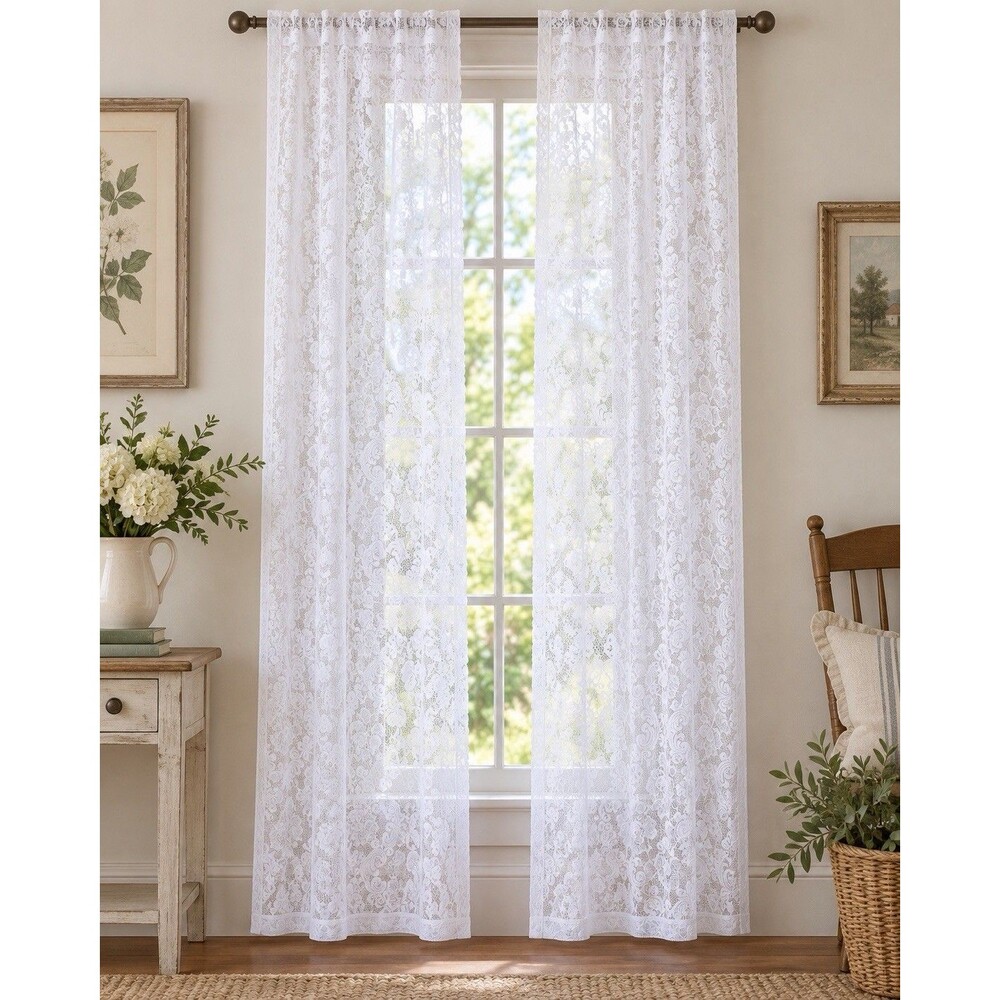VTG Handmade  White Lace Curtain Panels 84 x 21 Floral Scroll Sheer Cottage Pair